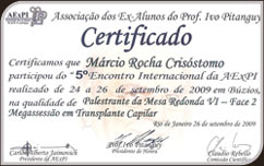 Certificado do V Encontro Internacional da Associação dos Ex-alunos do Prof. Ivo Pitanguy